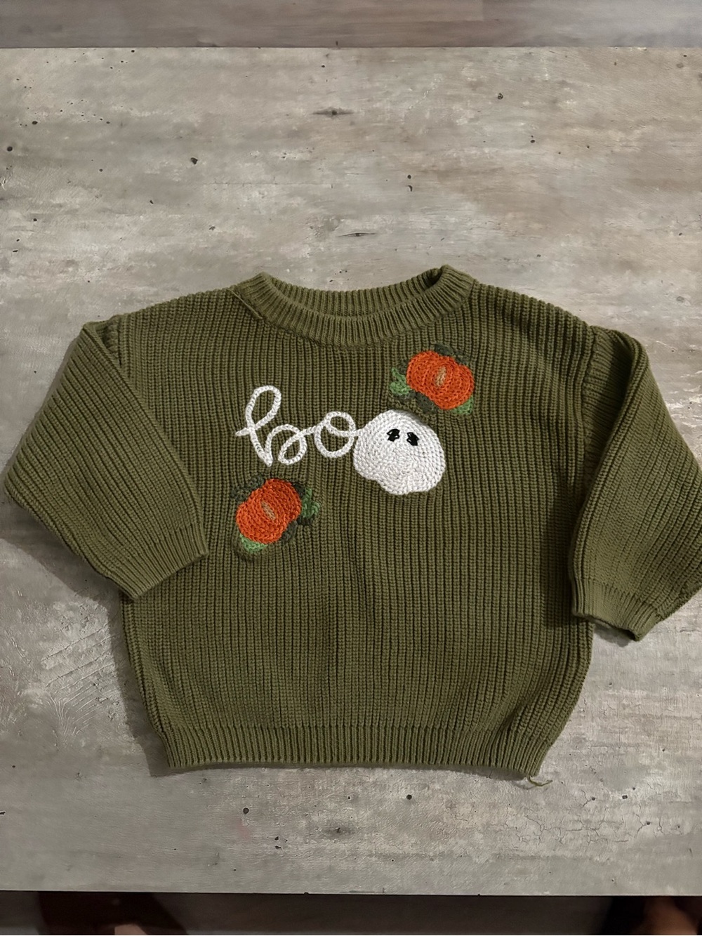 Olive Green Boo Ghost & Pumpkin Knit Halloween Sweater